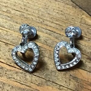 Vintage Silver Heart Crystal screw back Earrings